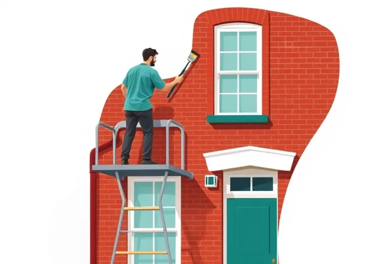 Peintre sur échafaudage traitant la façade d'une maison